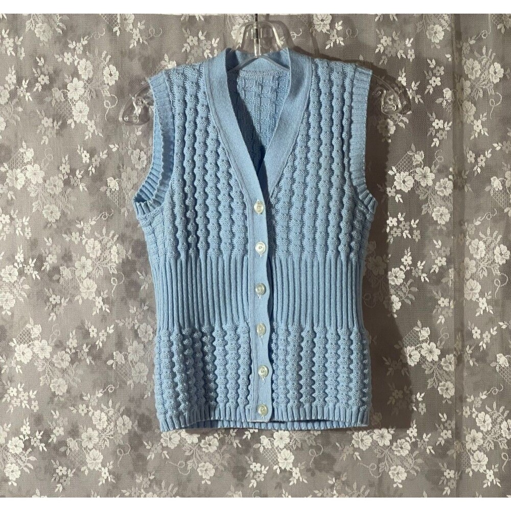 Vintage 70s Sweater Vest Women's Size Medium 1970s Baby Blue Coastal Waist Coat